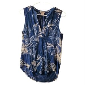 Lucky Brand Palm Tree Tropical Blue and Cream Sleeveless Blouse Size XS